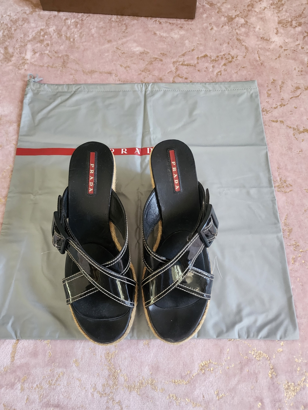 PRADA | Black Patent Leather Espadrille Wedge Sandals with Jute Platform - Picture 9 of 16